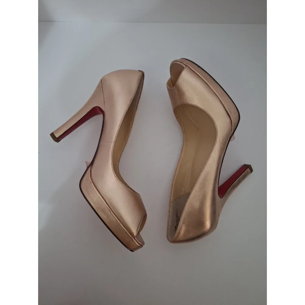 Oh! Deer! Vintage Leather Peep Toe Heels Women Sz 10 M Gold Platform Red Bottoms